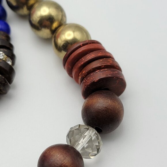 Royal Blue Multi Strand Wooden Bead Necklace Layered Gold Tone Statement 26" - Picture 4 of 8